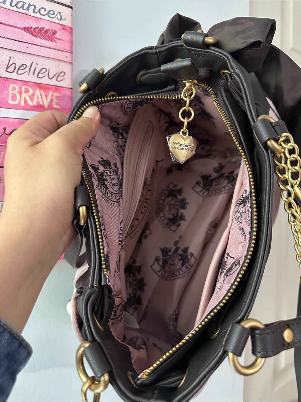 Juicy Couture Pink and Brown Logo Shoulder Bag with Heart Charm - Picture 9 of 12